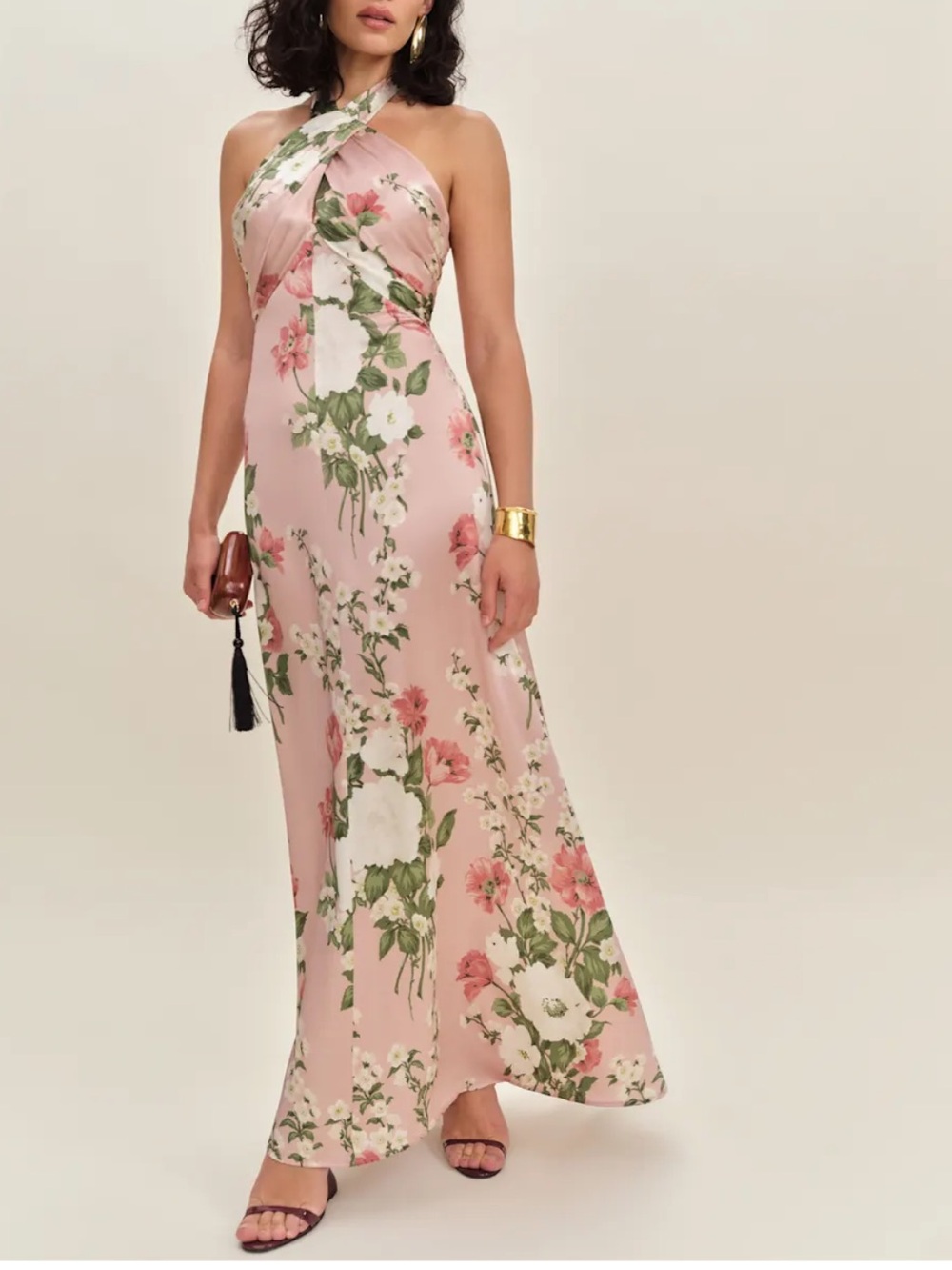 Reformation Veria Silk Dress in Pink Rose Garden